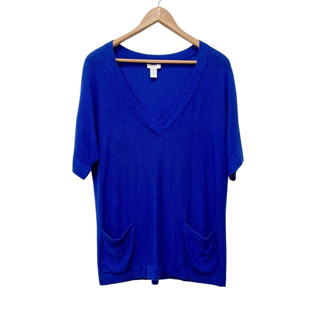 Chicos Royal‎ Blue V-Neck Knit Tunic Top Short Sleeve Pockets Size M Casual